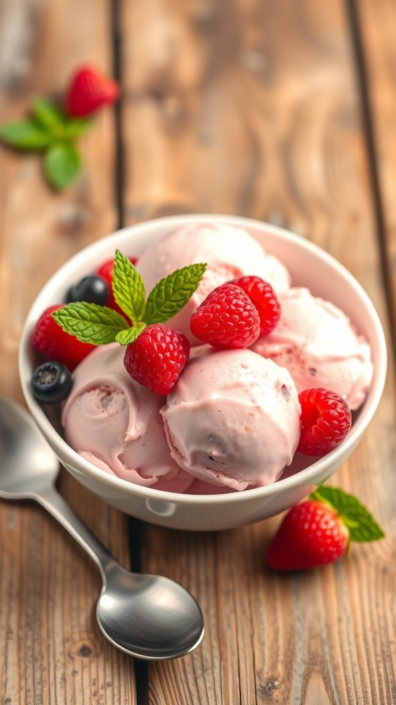 A bowl of zero-calorie ice cream made from frozen fruit, topped with berries and mint leaves.